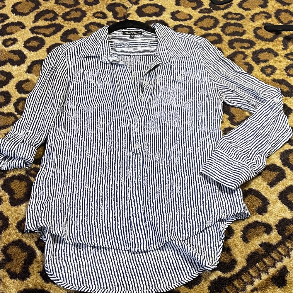 Velvet Heart Navy & White Stripe 3/4 Button-Shirt Women’s Classic Small